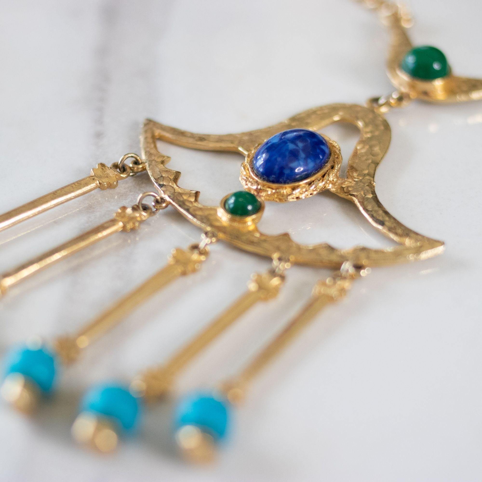 Vintage Egyptian Revival Green, Turquoise, and Lapis Statement Necklace by Unsigned Beauty - Vintage Meet Modern Vintage Jewelry - Chicago, Illinois - #oldhollywoodglamour #vintagemeetmodern #designervintage #jewelrybox #antiquejewelry #vintagejewelry