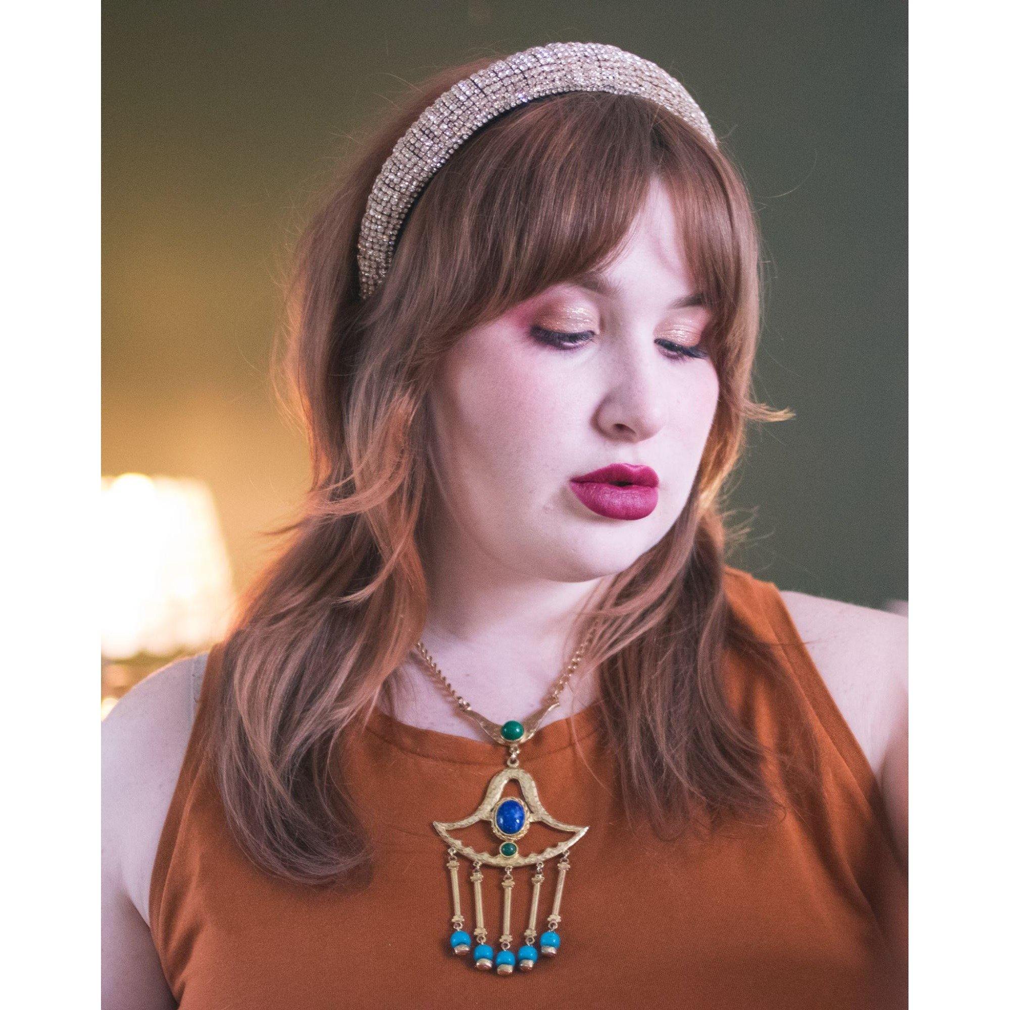 Vintage Egyptian Revival Green, Turquoise, and Lapis Statement Necklace by Unsigned Beauty - Vintage Meet Modern Vintage Jewelry - Chicago, Illinois - #oldhollywoodglamour #vintagemeetmodern #designervintage #jewelrybox #antiquejewelry #vintagejewelry