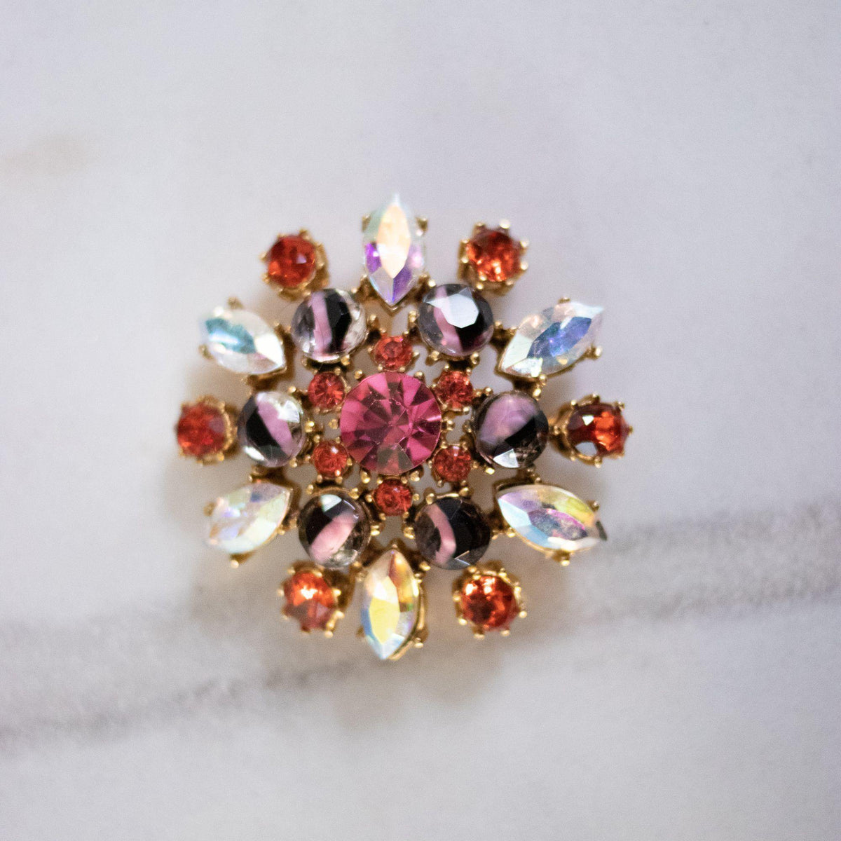 Vintage Yosca Pink, Purple, Orange, Givre Rhinestone Medallion Brooch