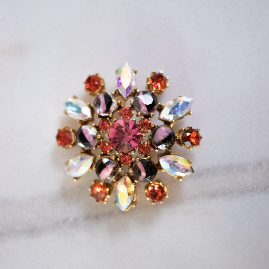 Vintage Yosca Pink, Purple, Orange, Givre Rhinestone Medallion Brooch by Yosca - Vintage Meet Modern Vintage Jewelry - Chicago, Illinois - #oldhollywoodglamour #vintagemeetmodern #designervintage #jewelrybox #antiquejewelry #vintagejewelry
