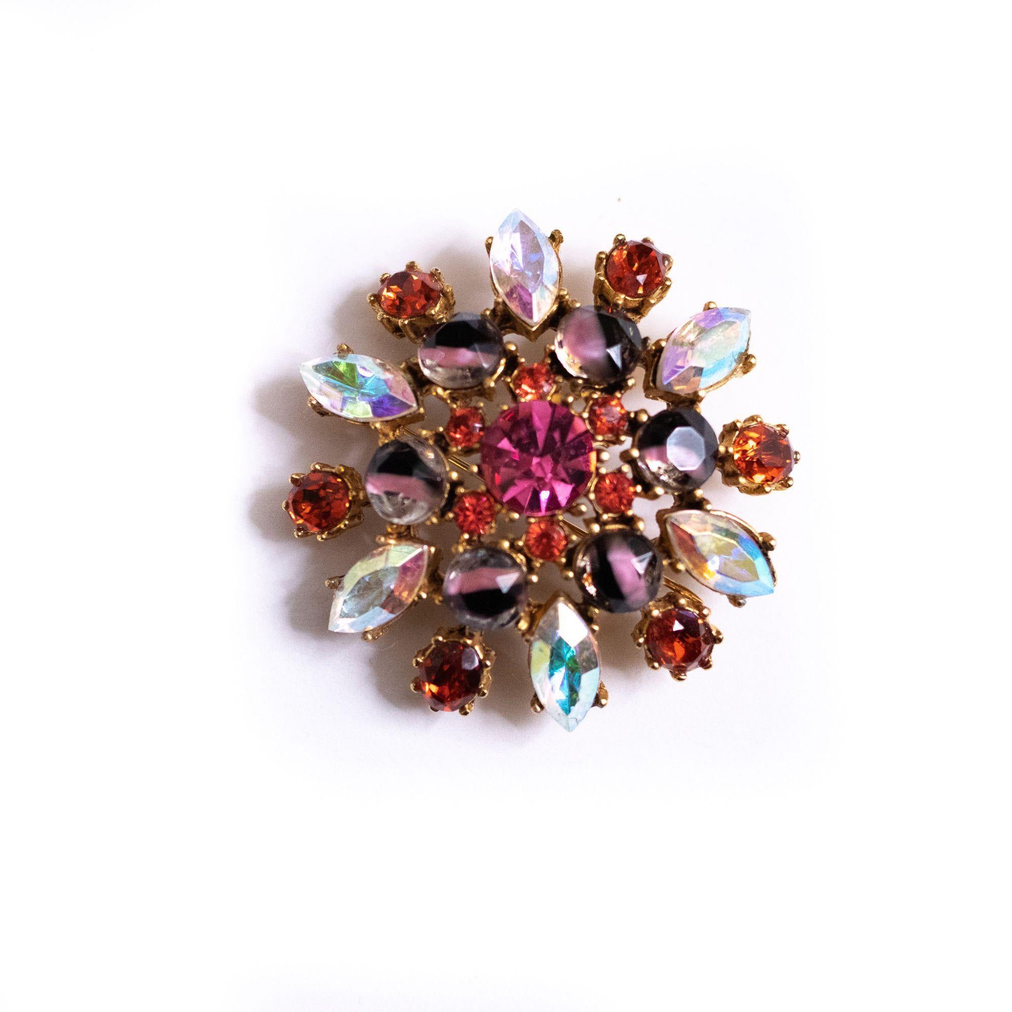 Vintage Yosca Pink, Purple, Orange, Givre Rhinestone Medallion Brooch by Yosca - Vintage Meet Modern Vintage Jewelry - Chicago, Illinois - #oldhollywoodglamour #vintagemeetmodern #designervintage #jewelrybox #antiquejewelry #vintagejewelry