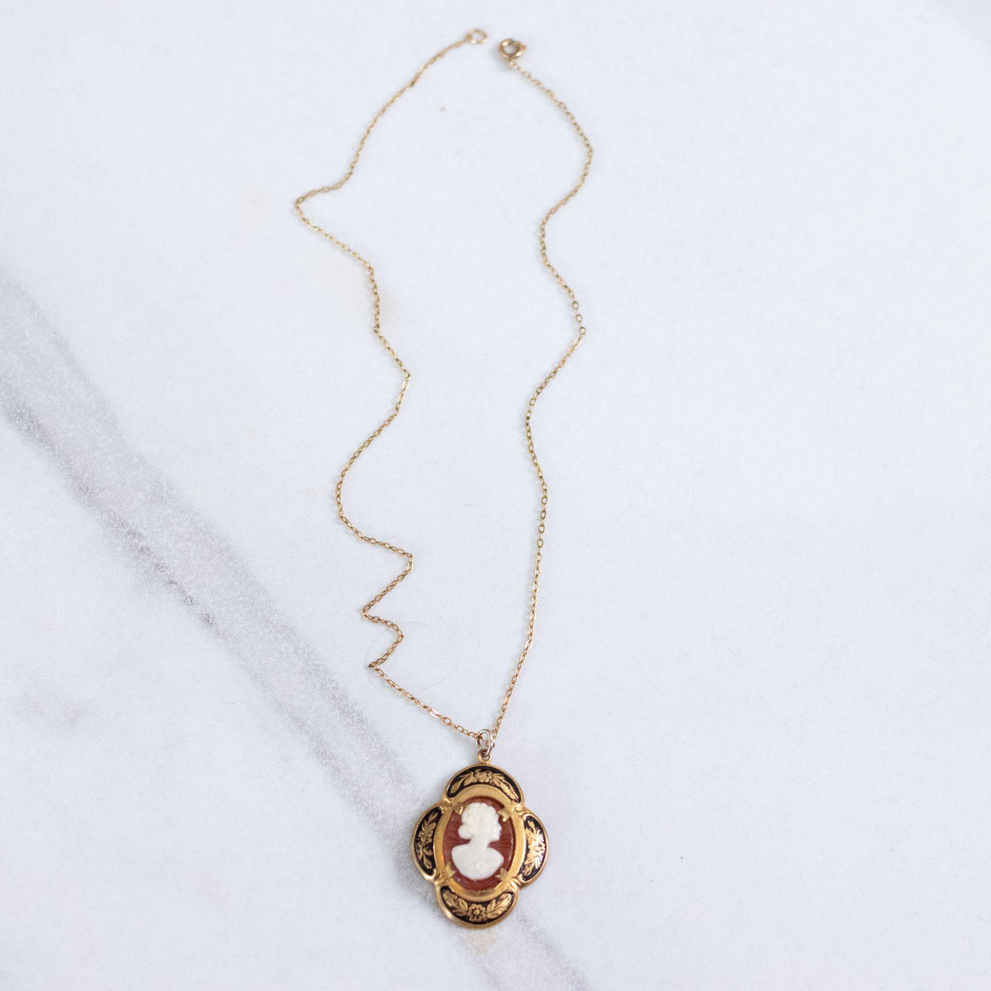 Vintage Kara Cameo Pendant Necklace with Black and Gold Setting by Kara - Vintage Meet Modern Vintage Jewelry - Chicago, Illinois - #oldhollywoodglamour #vintagemeetmodern #designervintage #jewelrybox #antiquejewelry #vintagejewelry