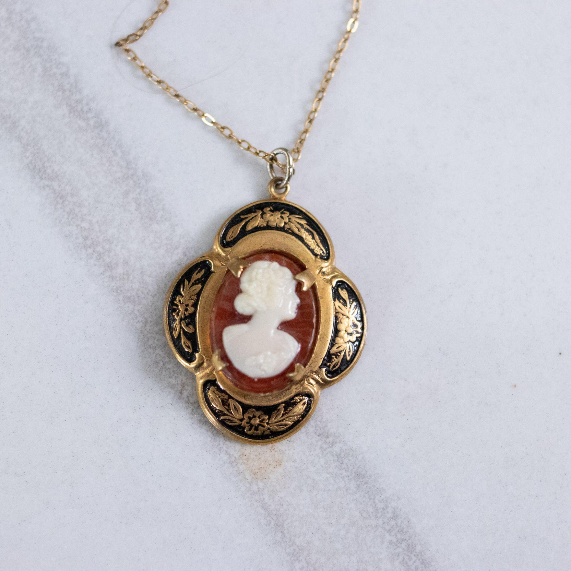 Vintage Kara Cameo Pendant Necklace with Black and Gold Setting by Kara - Vintage Meet Modern Vintage Jewelry - Chicago, Illinois - #oldhollywoodglamour #vintagemeetmodern #designervintage #jewelrybox #antiquejewelry #vintagejewelry