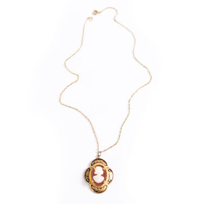 Vintage Kara Cameo Pendant Necklace with Black and Gold Setting by Kara - Vintage Meet Modern Vintage Jewelry - Chicago, Illinois - #oldhollywoodglamour #vintagemeetmodern #designervintage #jewelrybox #antiquejewelry #vintagejewelry