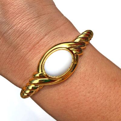 Vintage Monet Gold Cable Bracelet with Milk Glass Cabochon by Monet - Vintage Meet Modern Vintage Jewelry - Chicago, Illinois - #oldhollywoodglamour #vintagemeetmodern #designervintage #jewelrybox #antiquejewelry #vintagejewelry