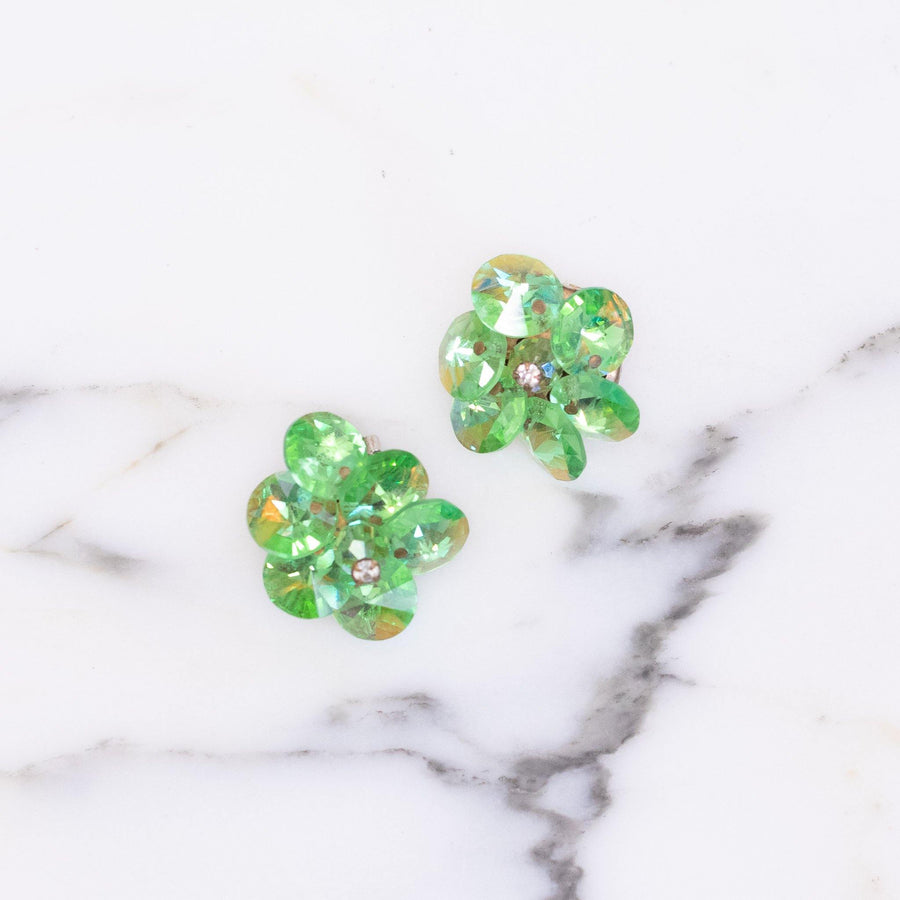Vintage 1950s Green Aurora Borealis Crystal Cluster Earrings by Unsigned Beauty - Vintage Meet Modern Vintage Jewelry - Chicago, Illinois - #oldhollywoodglamour #vintagemeetmodern #designervintage #jewelrybox #antiquejewelry #vintagejewelry