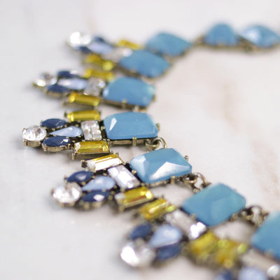 Vintage Joan Rivers Blue Crystal and Chartreuse Crystal Bib Statement Necklace by Joan Rivers - Vintage Meet Modern Vintage Jewelry - Chicago, Illinois - #oldhollywoodglamour #vintagemeetmodern #designervintage #jewelrybox #antiquejewelry #vintagejewelry