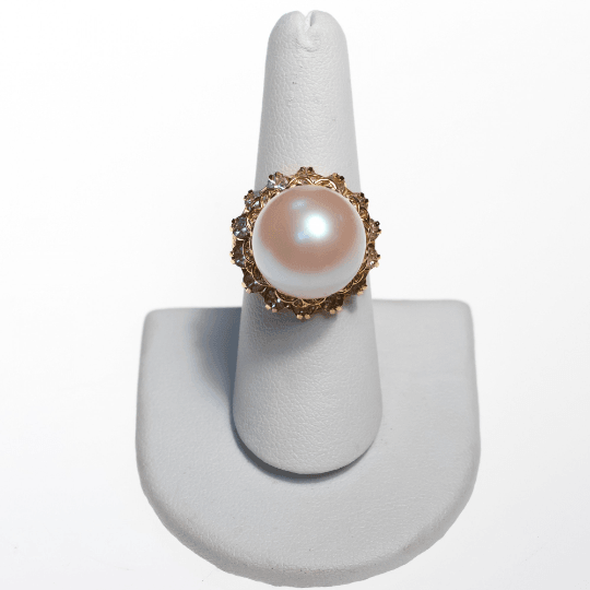 Vintage Faux Pearl and Diamante Crystal Cocktail Ring by Vintage Meet Modern - Vintage Meet Modern Vintage Jewelry - Chicago, Illinois - #oldhollywoodglamour #vintagemeetmodern #designervintage #jewelrybox #antiquejewelry #vintagejewelry