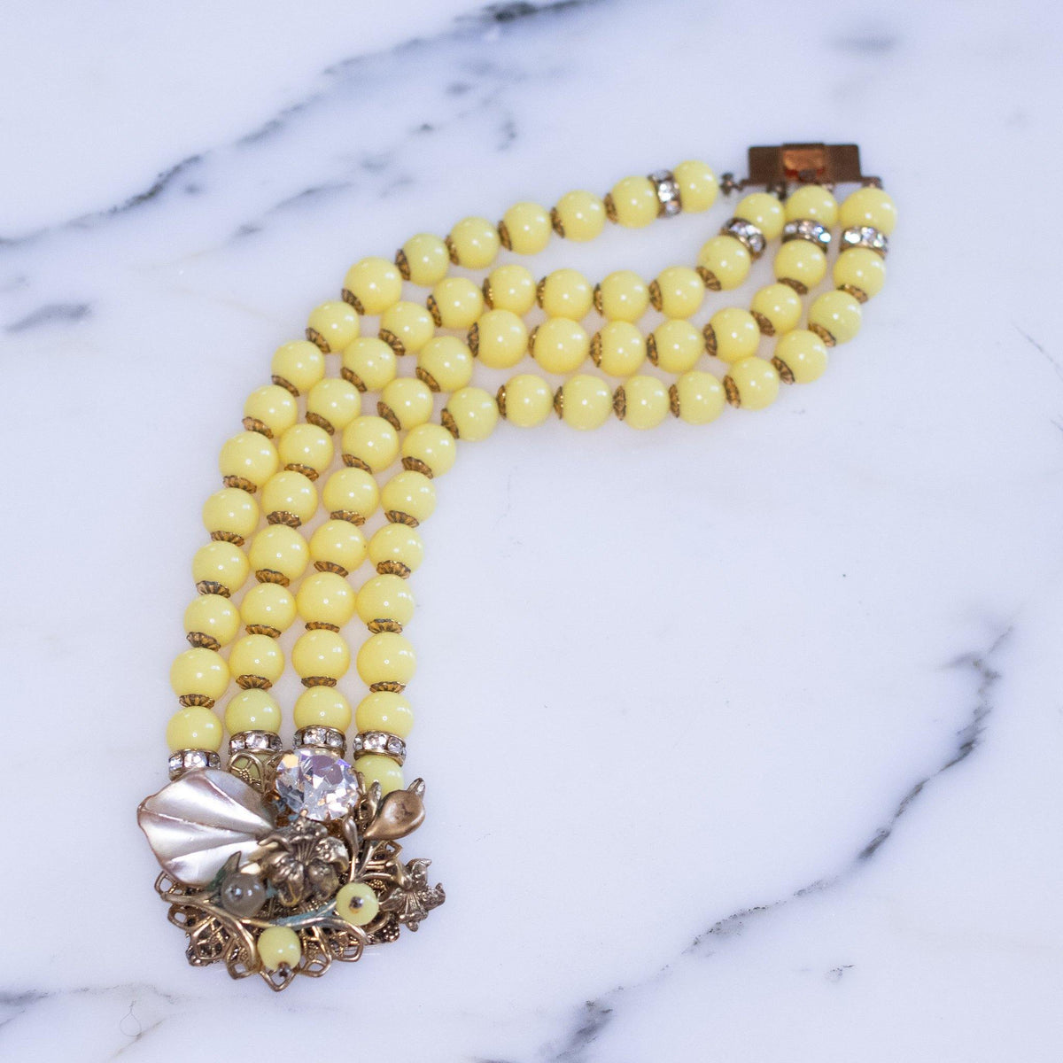 Vintage Yellow Four Strand Bead Bracelet with Decorative Clasp
