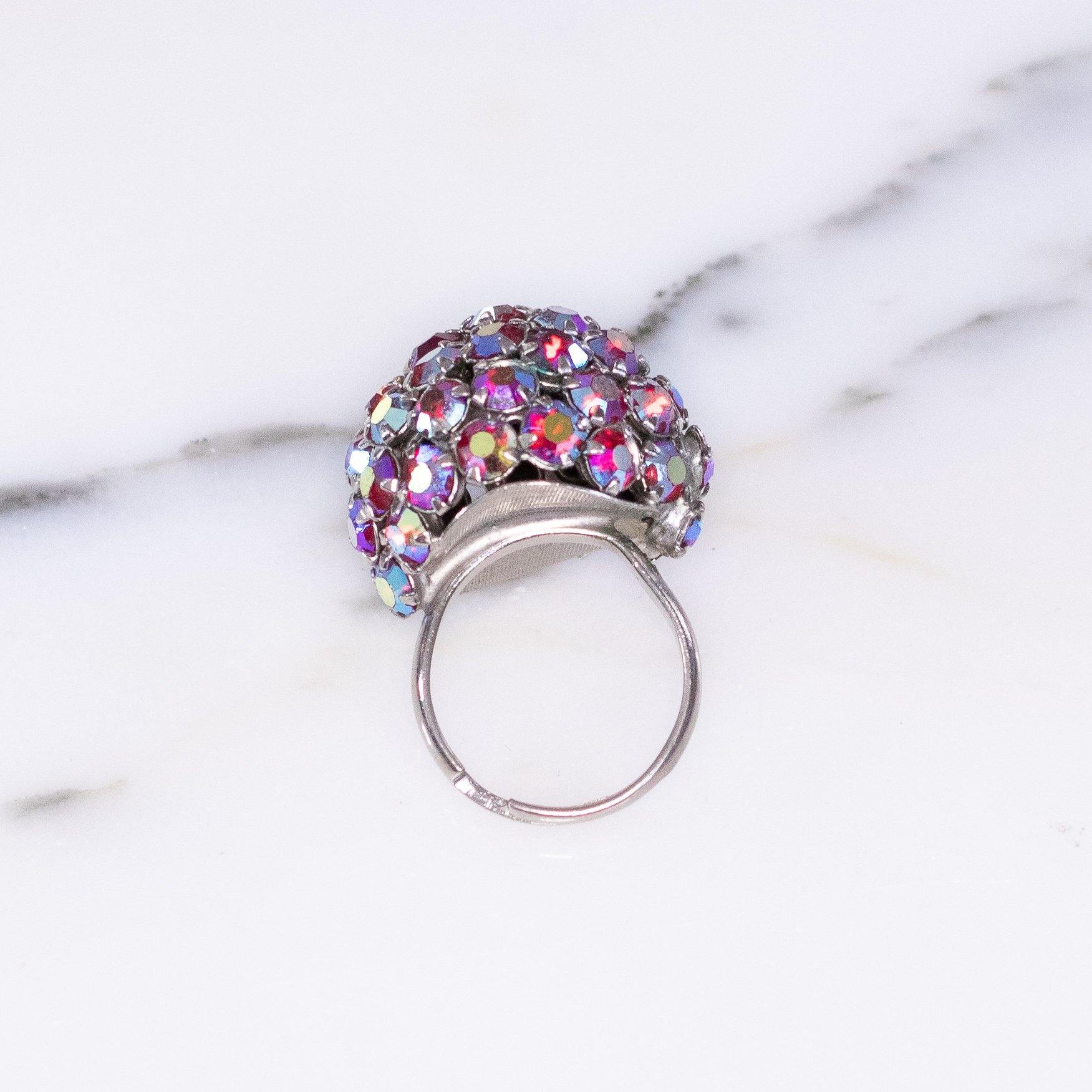 Vintage Red Aurora Borealis Rhinestone Cluster Cocktail Ring by Unsigned Beauty - Vintage Meet Modern Vintage Jewelry - Chicago, Illinois - #oldhollywoodglamour #vintagemeetmodern #designervintage #jewelrybox #antiquejewelry #vintagejewelry