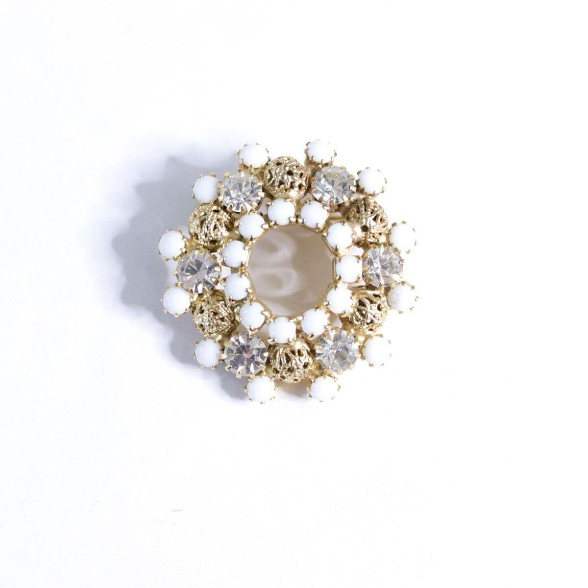 Vintage Milk Glass, Rhinestones and Filigree Bead Brooch