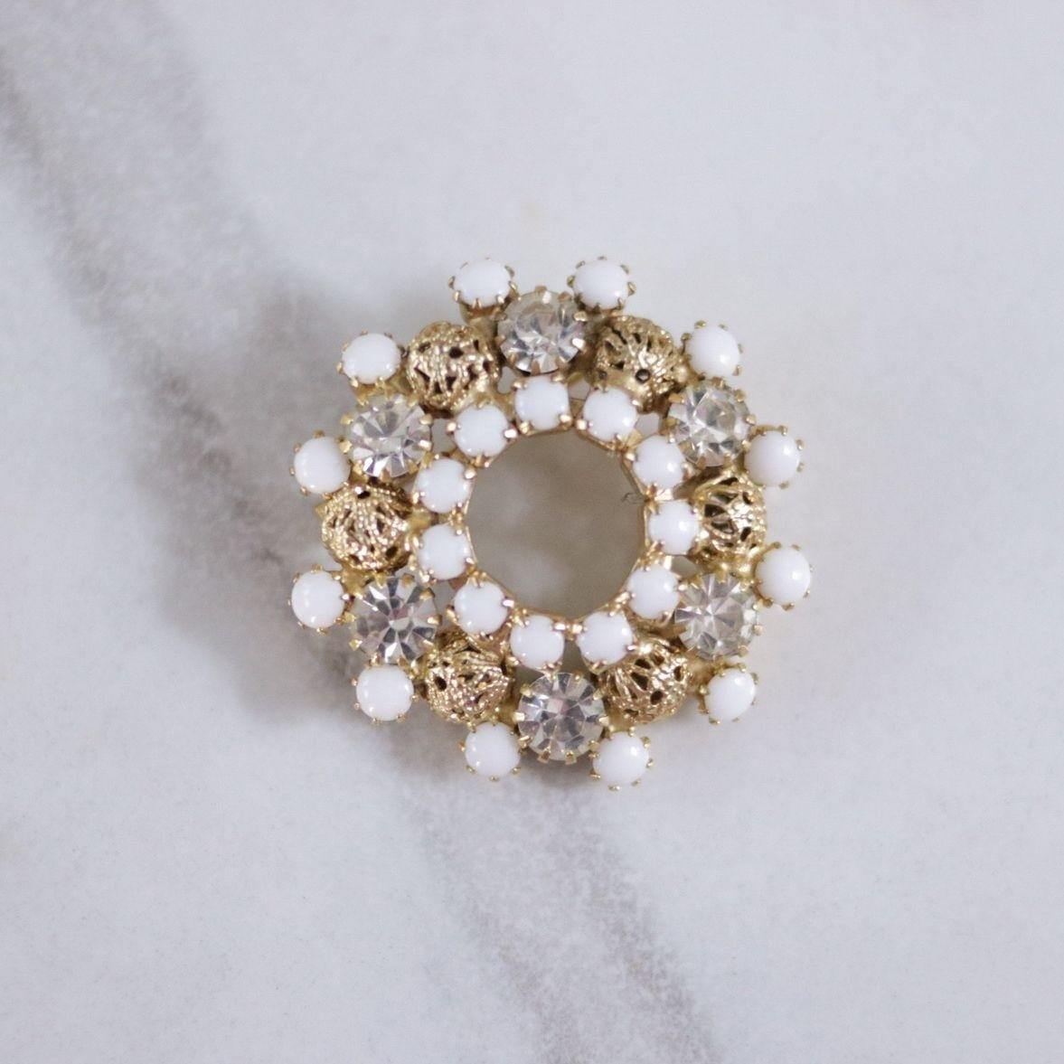Vintage Milk Glass, Rhinestones and Filigree Bead Brooch by Unsigned Beauty - Vintage Meet Modern Vintage Jewelry - Chicago, Illinois - #oldhollywoodglamour #vintagemeetmodern #designervintage #jewelrybox #antiquejewelry #vintagejewelry