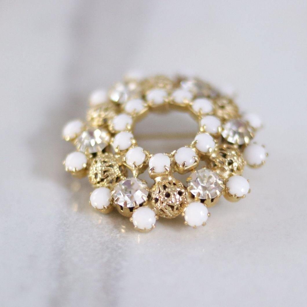 Vintage Milk Glass, Rhinestones and Filigree Bead Brooch by Unsigned Beauty - Vintage Meet Modern Vintage Jewelry - Chicago, Illinois - #oldhollywoodglamour #vintagemeetmodern #designervintage #jewelrybox #antiquejewelry #vintagejewelry