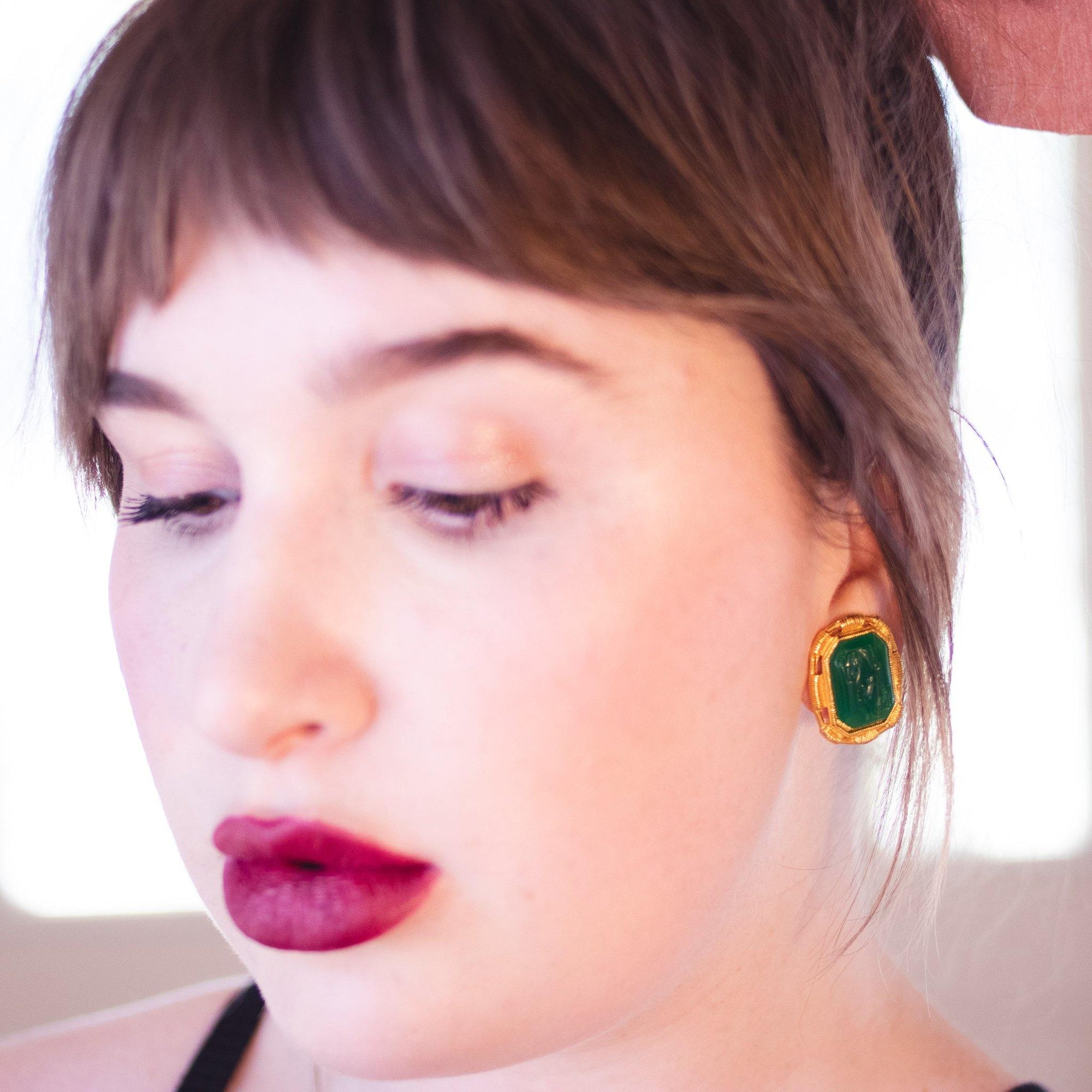 Vintage Green Intaglio Carved Cameo Earrings with Soldier by Unsigned Beauty - Vintage Meet Modern Vintage Jewelry - Chicago, Illinois - #oldhollywoodglamour #vintagemeetmodern #designervintage #jewelrybox #antiquejewelry #vintagejewelry