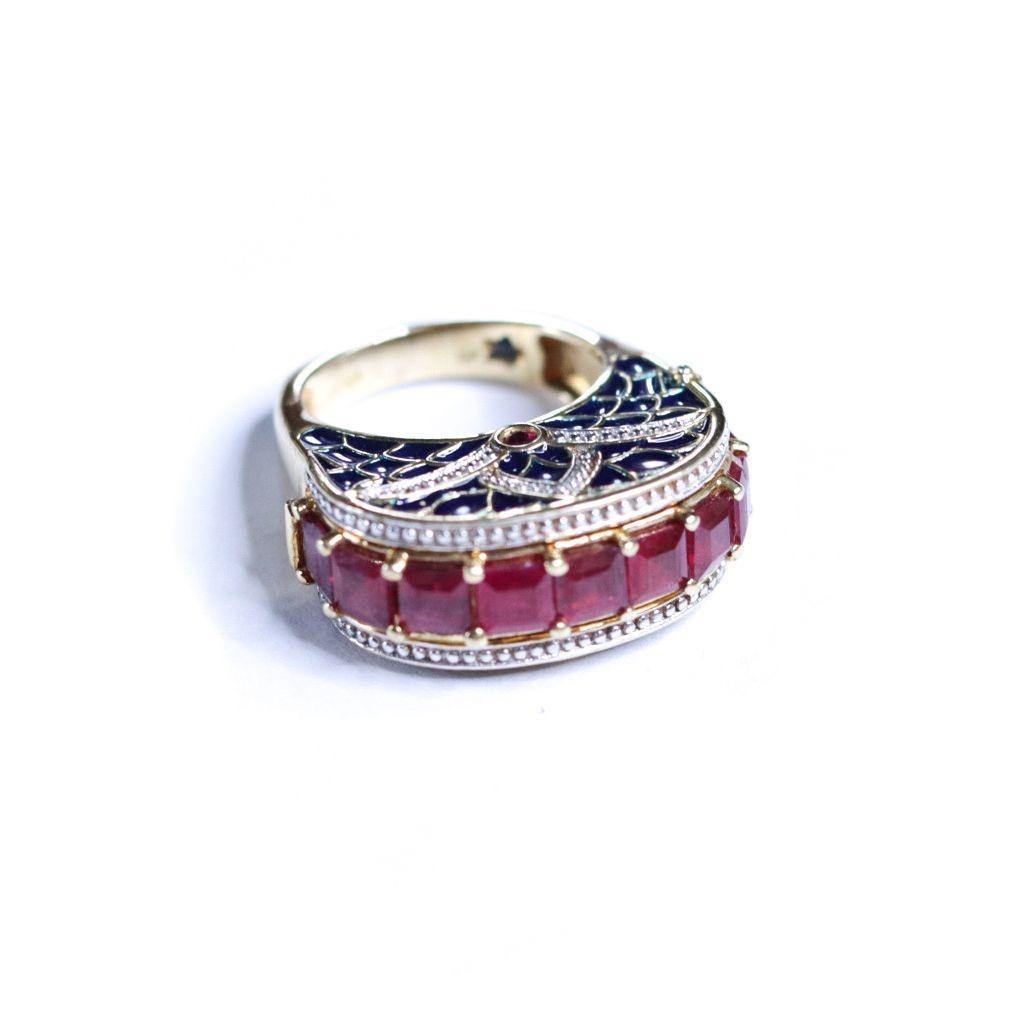Vintage Channel Set Ruby with Blue Enamel Mogul Statement Ring