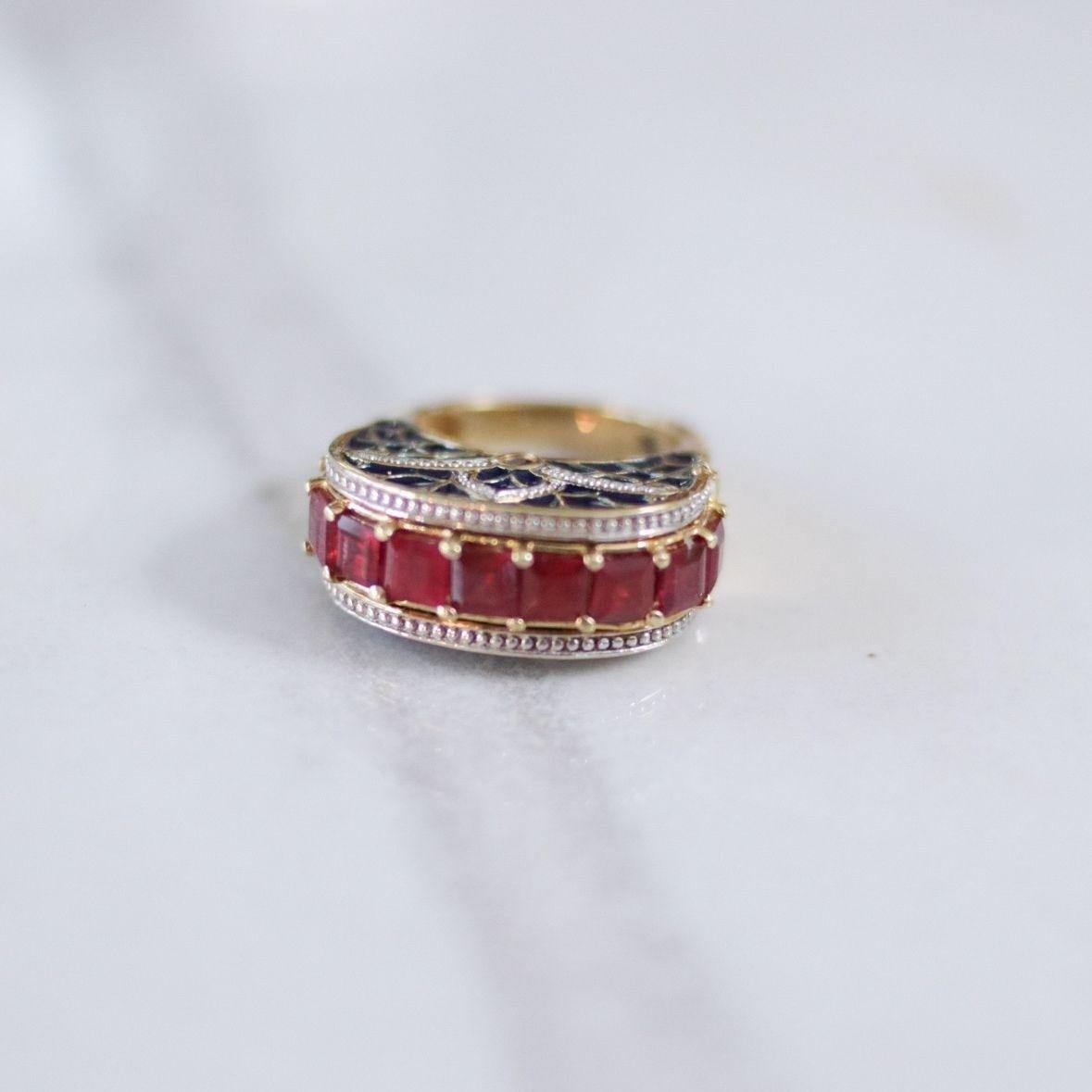 Vintage Channel Set Ruby with Blue Enamel Mogul Statement Ring by Unsigned Beauty - Vintage Meet Modern Vintage Jewelry - Chicago, Illinois - #oldhollywoodglamour #vintagemeetmodern #designervintage #jewelrybox #antiquejewelry #vintagejewelry