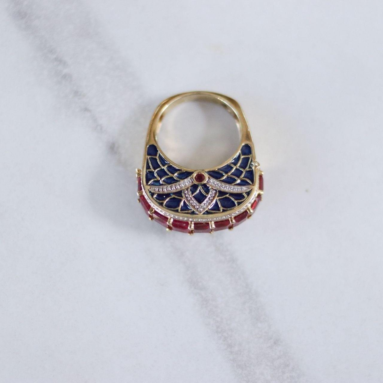 Vintage Channel Set Ruby with Blue Enamel Mogul Statement Ring by Unsigned Beauty - Vintage Meet Modern Vintage Jewelry - Chicago, Illinois - #oldhollywoodglamour #vintagemeetmodern #designervintage #jewelrybox #antiquejewelry #vintagejewelry