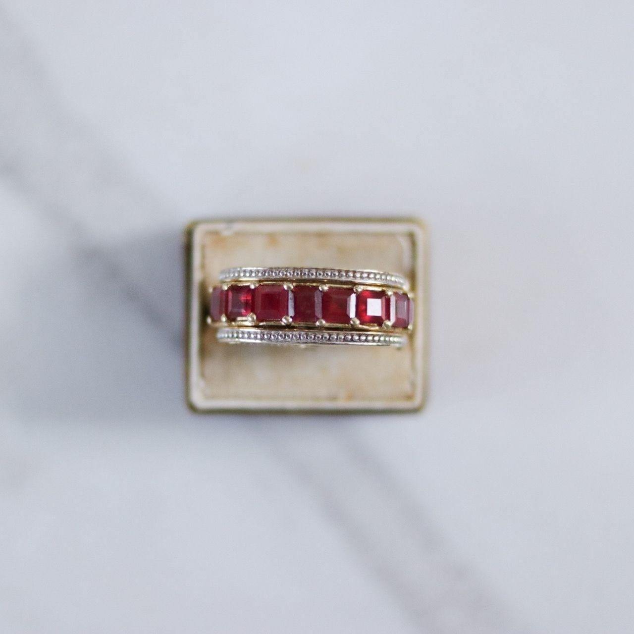 Vintage Channel Set Ruby with Blue Enamel Mogul Statement Ring by Unsigned Beauty - Vintage Meet Modern Vintage Jewelry - Chicago, Illinois - #oldhollywoodglamour #vintagemeetmodern #designervintage #jewelrybox #antiquejewelry #vintagejewelry