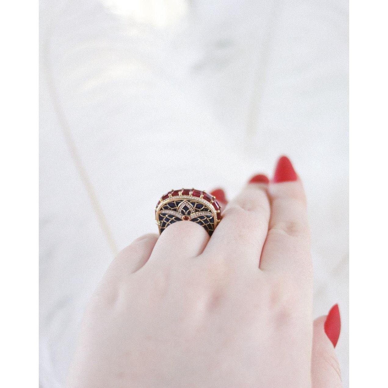 Vintage Channel Set Ruby with Blue Enamel Mogul Statement Ring by Unsigned Beauty - Vintage Meet Modern Vintage Jewelry - Chicago, Illinois - #oldhollywoodglamour #vintagemeetmodern #designervintage #jewelrybox #antiquejewelry #vintagejewelry