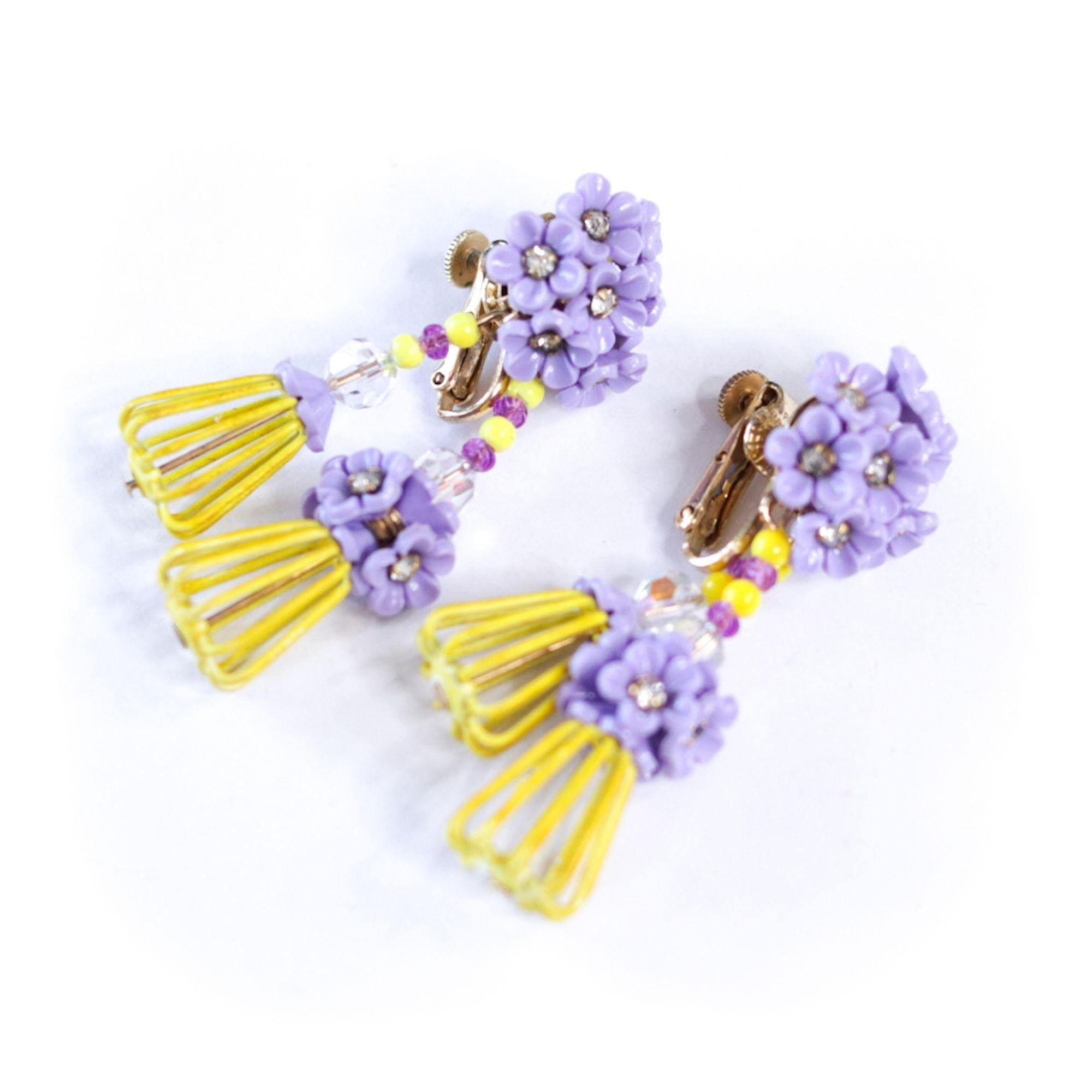 Vintage Vendome Yellow and Purple Caged Flower Earrings by Vendome - Vintage Meet Modern Vintage Jewelry - Chicago, Illinois - #oldhollywoodglamour #vintagemeetmodern #designervintage #jewelrybox #antiquejewelry #vintagejewelry