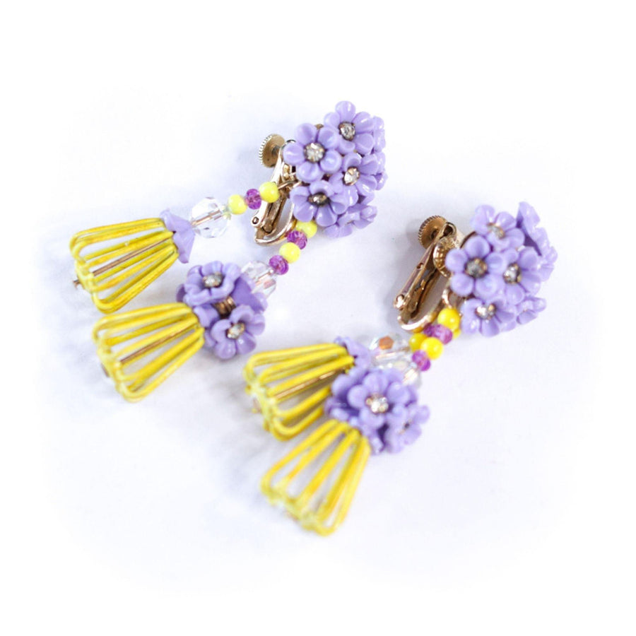 Vintage Vendome Yellow and Purple Caged Flower Earrings by Vendome - Vintage Meet Modern Vintage Jewelry - Chicago, Illinois - #oldhollywoodglamour #vintagemeetmodern #designervintage #jewelrybox #antiquejewelry #vintagejewelry