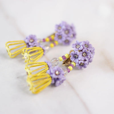 Vintage Vendome Yellow and Purple Caged Flower Earrings by Vendome - Vintage Meet Modern Vintage Jewelry - Chicago, Illinois - #oldhollywoodglamour #vintagemeetmodern #designervintage #jewelrybox #antiquejewelry #vintagejewelry