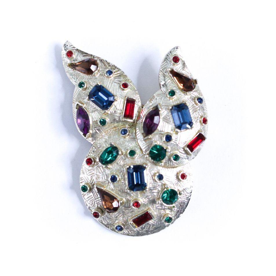 Vintage Bogoff Mid Century Modern Brooch with Colorful Bezel Set Rhinestones