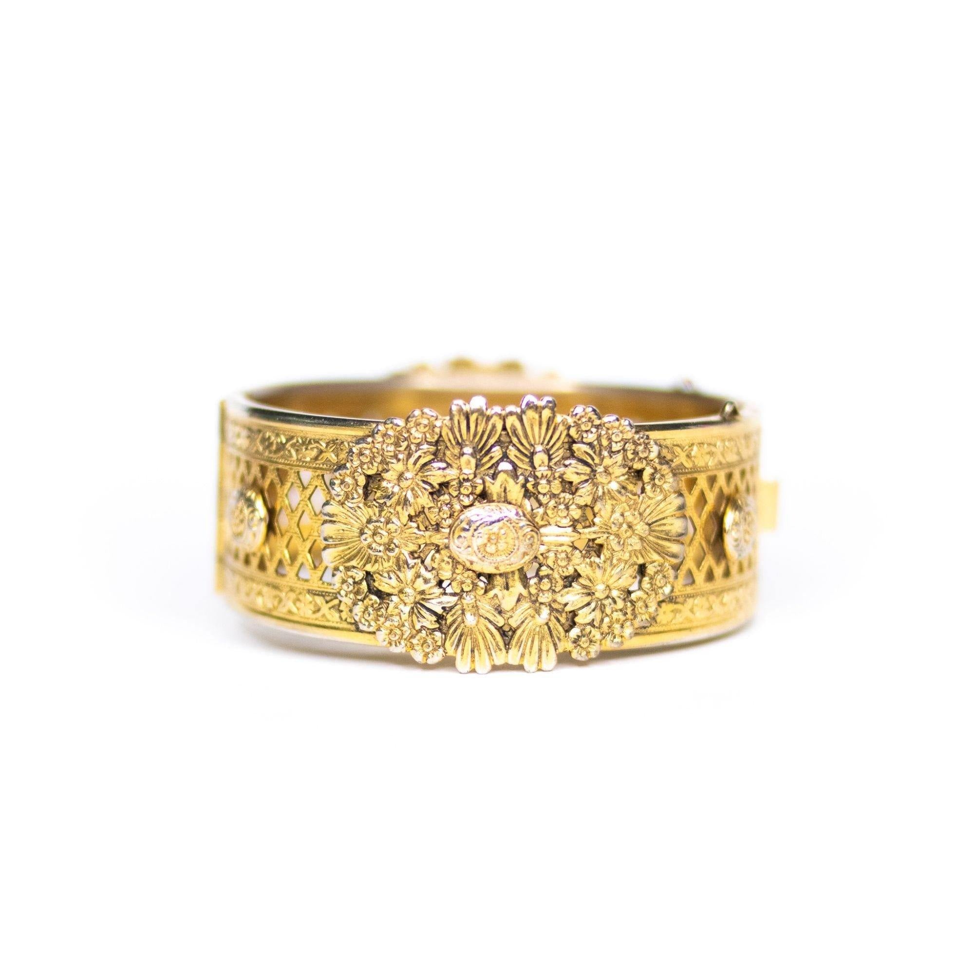 Vintage Freirich Victorian Revival Floral Bangle Bracelet by Freirich - Vintage Meet Modern Vintage Jewelry - Chicago, Illinois - #oldhollywoodglamour #vintagemeetmodern #designervintage #jewelrybox #antiquejewelry #vintagejewelry