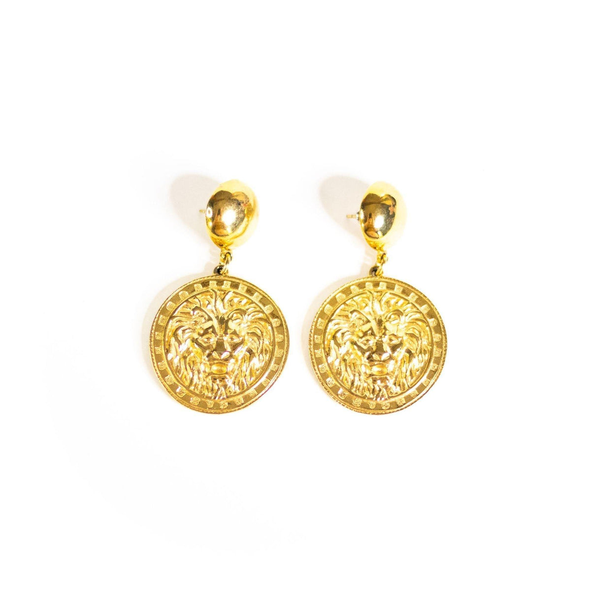 Vintage Gold Lion Disc Statement Earrings