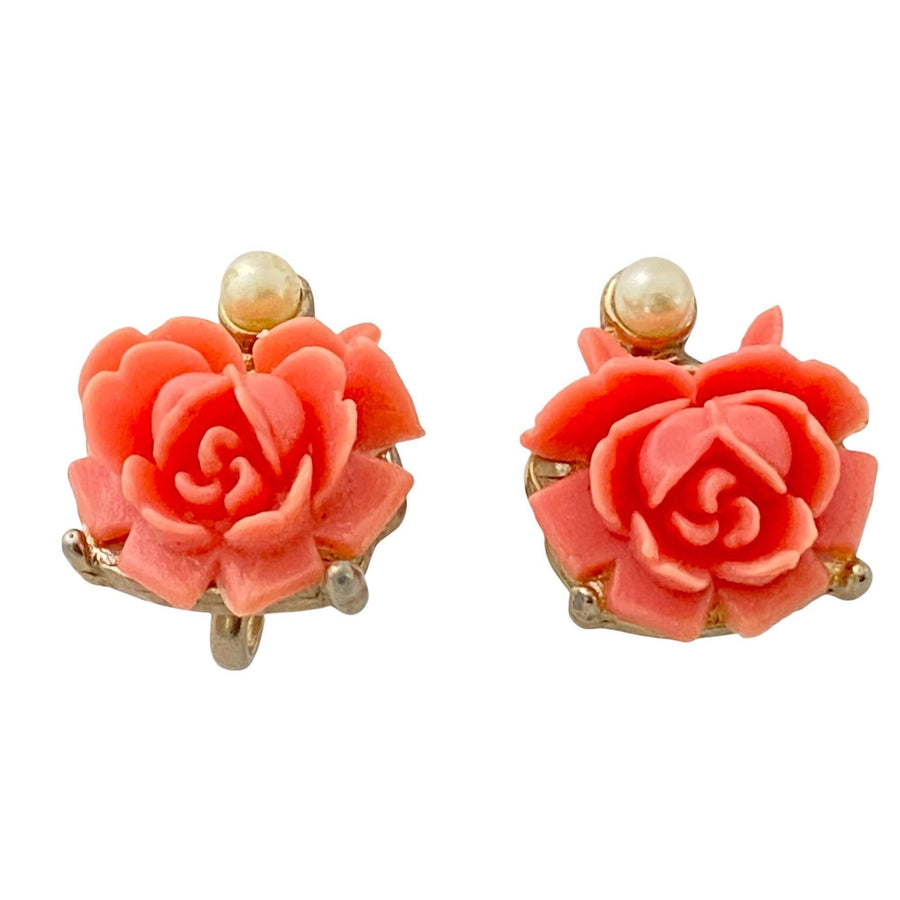 Vintage Coral Flower and Pearl Earrings by Unsigned Beauty - Vintage Meet Modern Vintage Jewelry - Chicago, Illinois - #oldhollywoodglamour #vintagemeetmodern #designervintage #jewelrybox #antiquejewelry #vintagejewelry