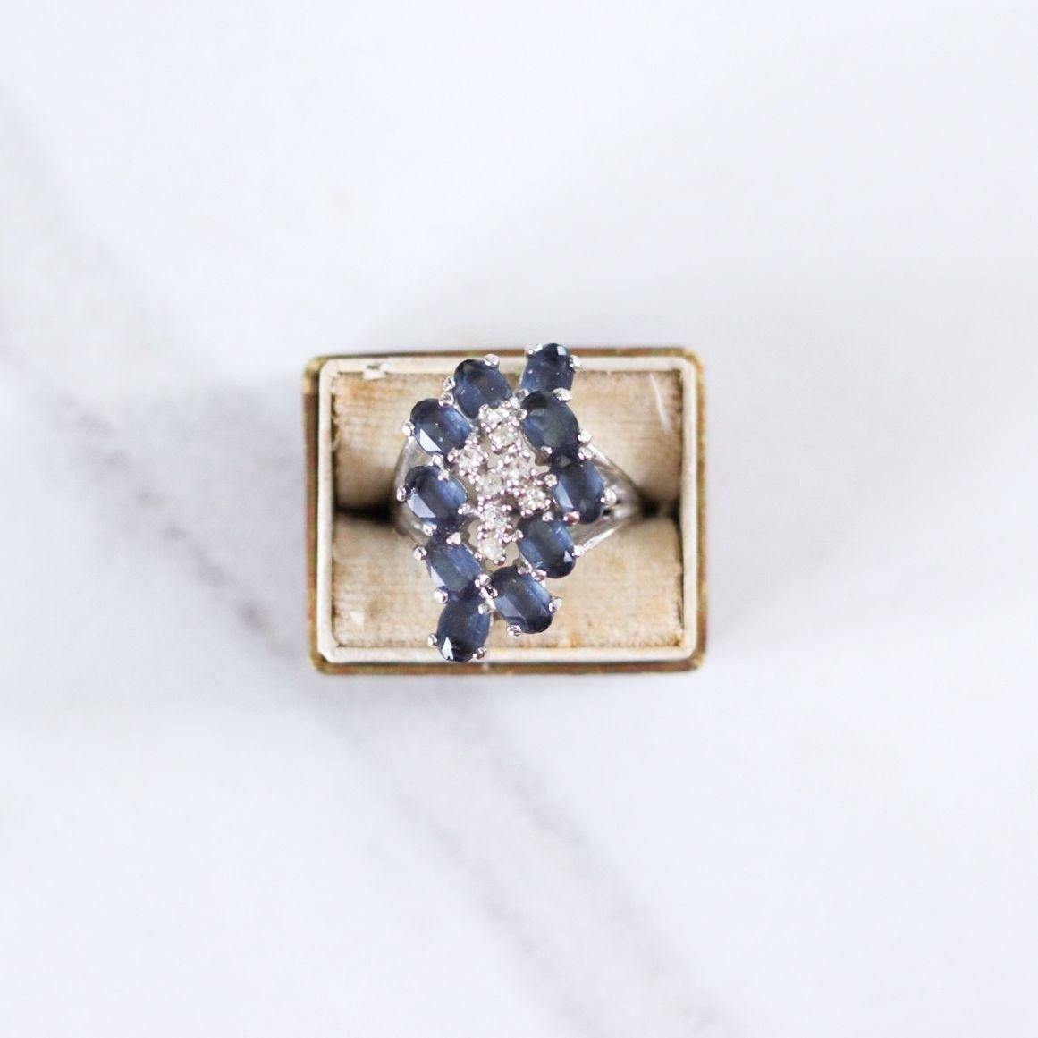 Vintage Sapphire CZ Cluster Cocktail Ring by Hallmarked Sterling - Vintage Meet Modern Vintage Jewelry - Chicago, Illinois - #oldhollywoodglamour #vintagemeetmodern #designervintage #jewelrybox #antiquejewelry #vintagejewelry
