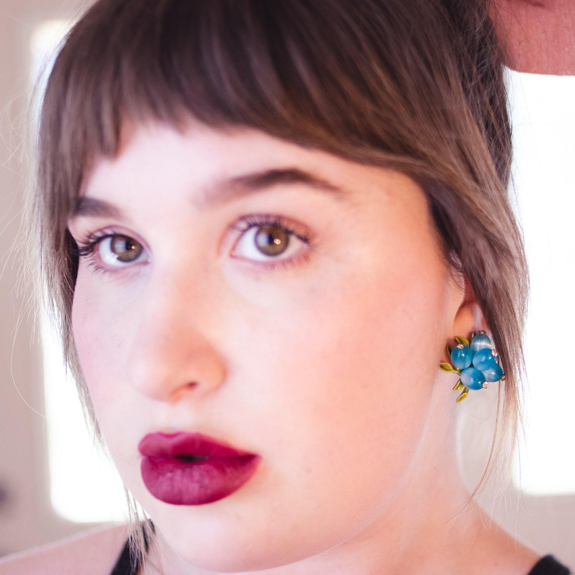 Vintage Blue Moonglow with Rhinestones and Green Leaves Cluster Bead Clip On Earrings by Unsigned - Vintage Meet Modern Vintage Jewelry - Chicago, Illinois - #oldhollywoodglamour #vintagemeetmodern #designervintage #jewelrybox #antiquejewelry #vintagejewelry