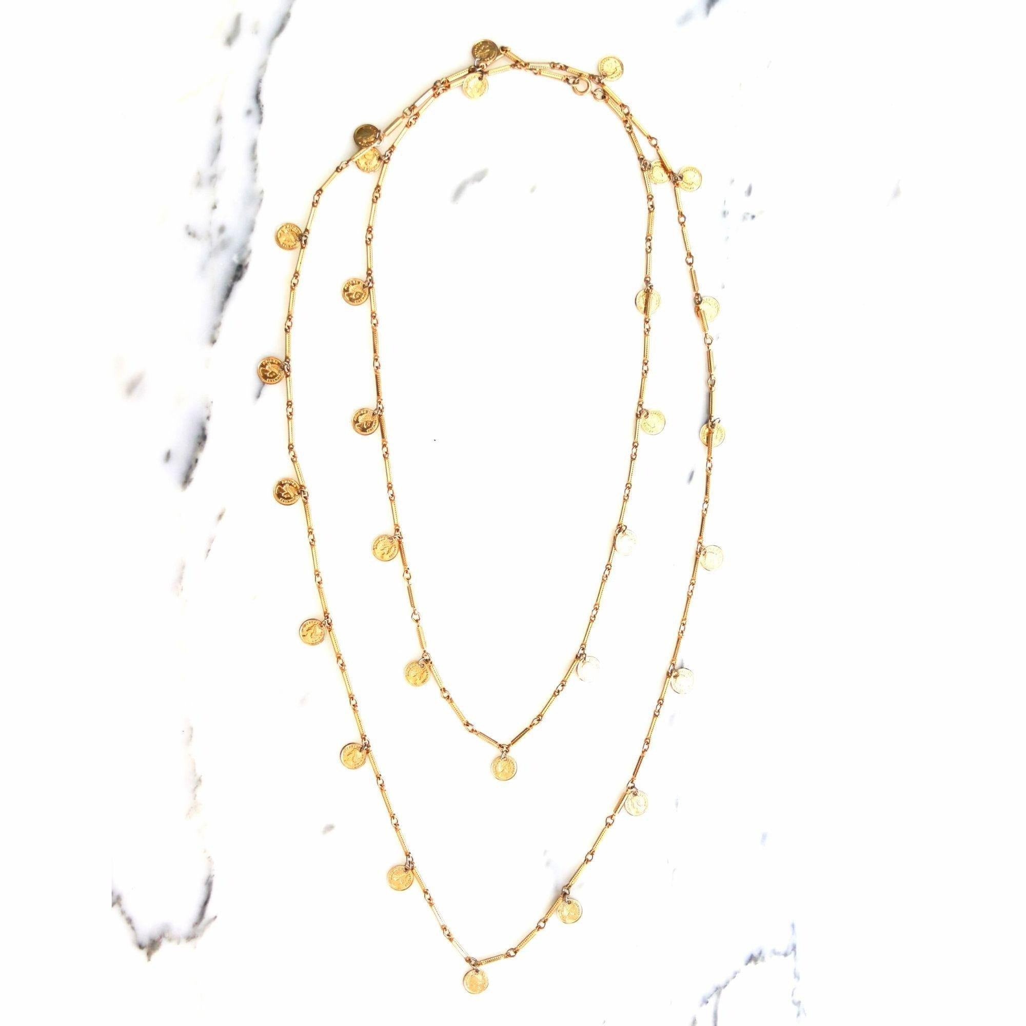 Vintage Dangling Coin Long Statement Necklace by Unsigned Beauty - Vintage Meet Modern Vintage Jewelry - Chicago, Illinois - #oldhollywoodglamour #vintagemeetmodern #designervintage #jewelrybox #antiquejewelry #vintagejewelry