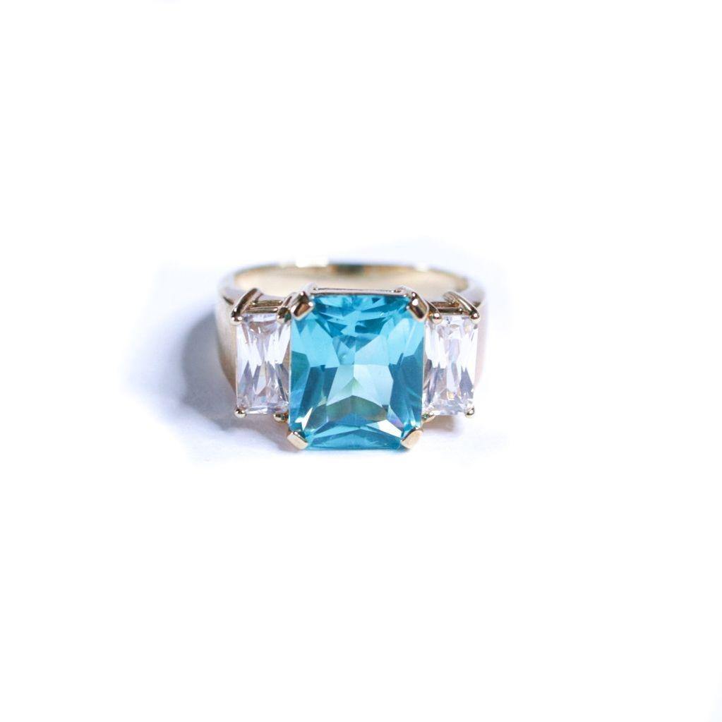 Vintage Emerald Cut Aqua Crystal and Cubic Zirconia Cocktail Ring