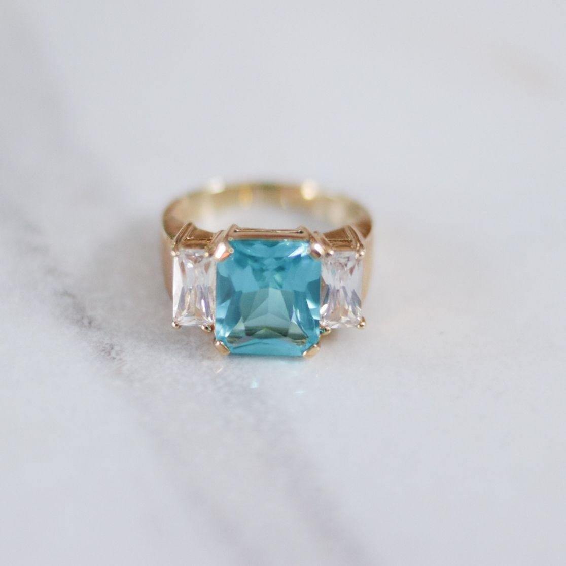 Vintage Emerald Cut Aqua Crystal and Cubic Zirconia Cocktail Ring by Unsigned Beauty - Vintage Meet Modern Vintage Jewelry - Chicago, Illinois - #oldhollywoodglamour #vintagemeetmodern #designervintage #jewelrybox #antiquejewelry #vintagejewelry