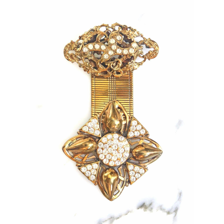 Vintage Gold Fob Style Brooch with Rhinestones by Unsigned Beauty - Vintage Meet Modern Vintage Jewelry - Chicago, Illinois - #oldhollywoodglamour #vintagemeetmodern #designervintage #jewelrybox #antiquejewelry #vintagejewelry