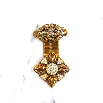 Vintage Gold Fob Style Brooch with Rhinestones by Unsigned Beauty - Vintage Meet Modern Vintage Jewelry - Chicago, Illinois - #oldhollywoodglamour #vintagemeetmodern #designervintage #jewelrybox #antiquejewelry #vintagejewelry