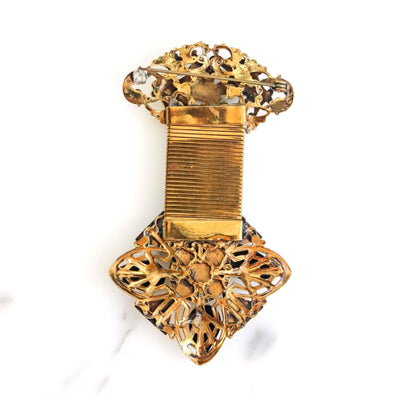 Vintage Gold Fob Style Brooch with Rhinestones by Unsigned Beauty - Vintage Meet Modern Vintage Jewelry - Chicago, Illinois - #oldhollywoodglamour #vintagemeetmodern #designervintage #jewelrybox #antiquejewelry #vintagejewelry