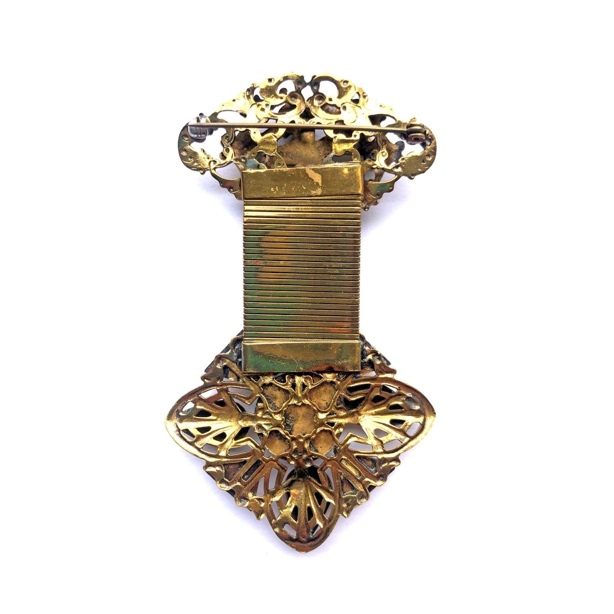 Vintage Gold Fob Style Brooch with Rhinestones by Unsigned Beauty - Vintage Meet Modern Vintage Jewelry - Chicago, Illinois - #oldhollywoodglamour #vintagemeetmodern #designervintage #jewelrybox #antiquejewelry #vintagejewelry