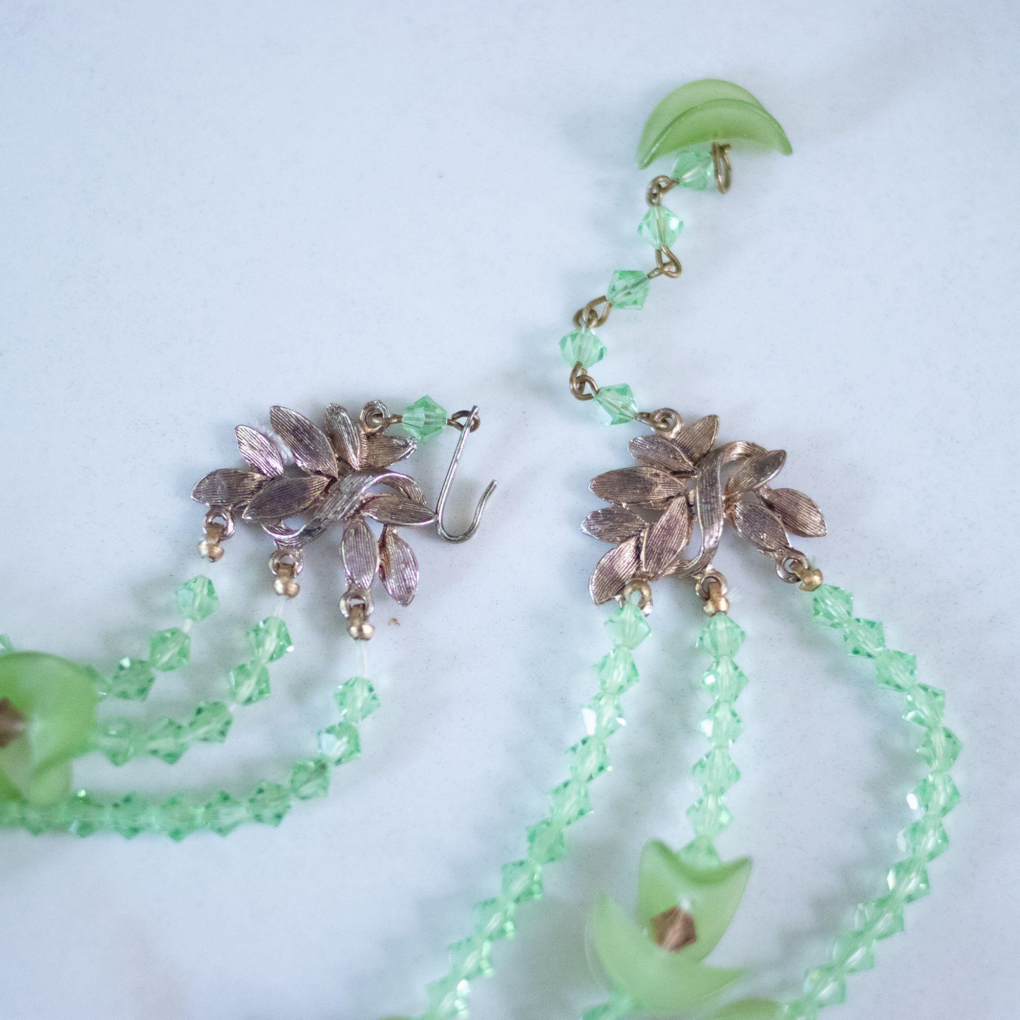 Vintage Green Fluted Lucite and Green, Red Crystal Beaded Triple Strand Necklace by Unsigned Beauty - Vintage Meet Modern Vintage Jewelry - Chicago, Illinois - #oldhollywoodglamour #vintagemeetmodern #designervintage #jewelrybox #antiquejewelry #vintagejewelry