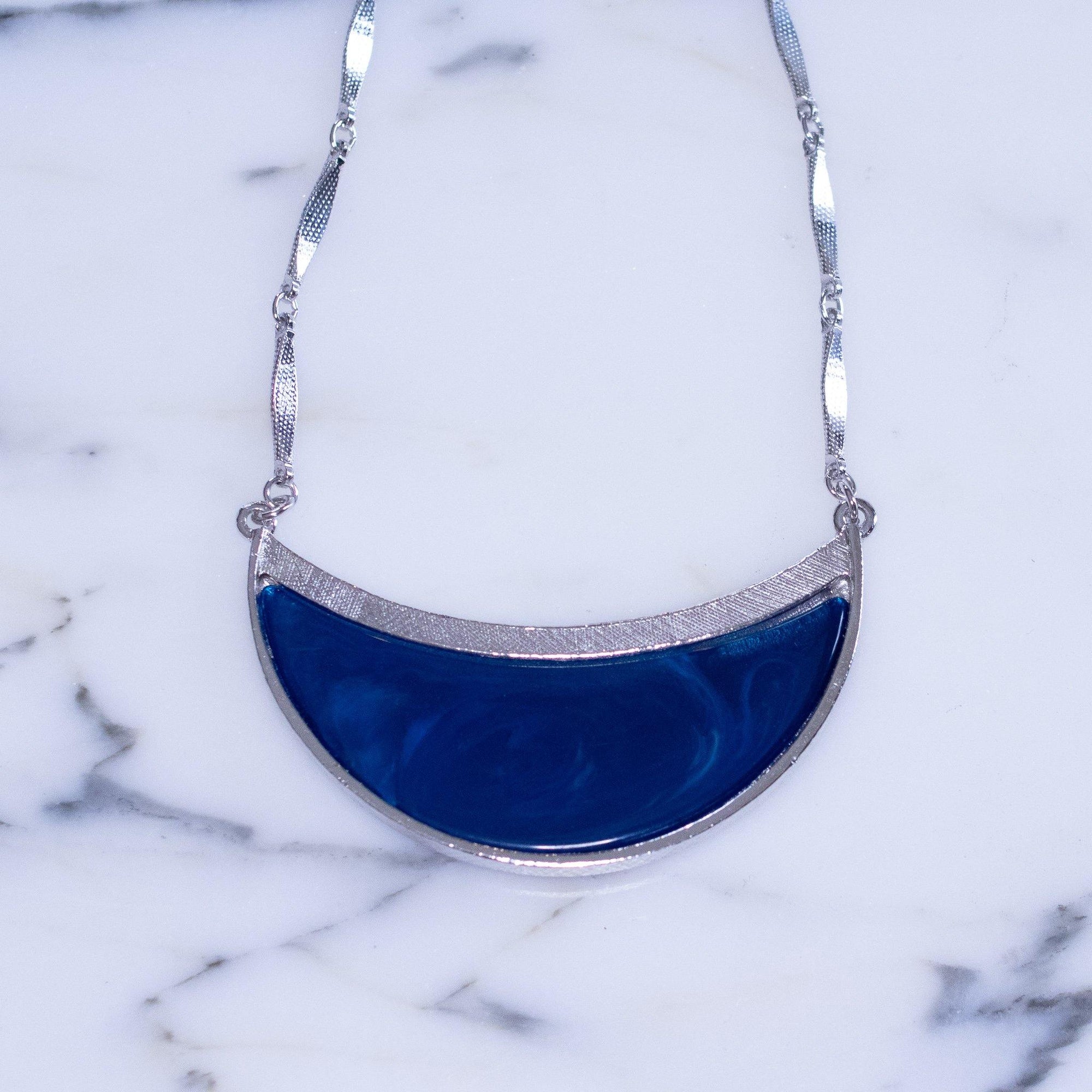 Vintage Berege Blue And Silver Crescent Pendant Necklace by Bergere - Vintage Meet Modern Vintage Jewelry - Chicago, Illinois - #oldhollywoodglamour #vintagemeetmodern #designervintage #jewelrybox #antiquejewelry #vintagejewelry