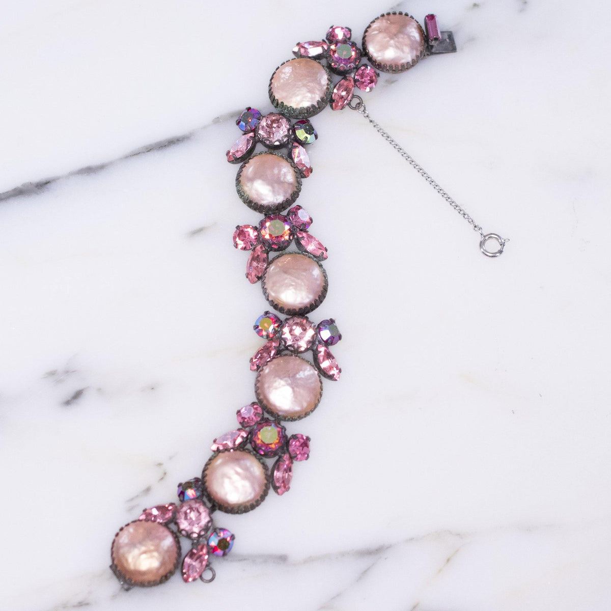 Vintage Pink Pearl and Pink Rhinestone Bracelet