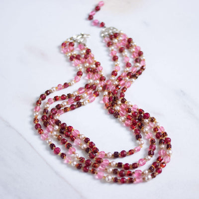 Vintage Japan Pink, Red, Faux Pearl Multi Strand Statement Necklace by Japan - Vintage Meet Modern Vintage Jewelry - Chicago, Illinois - #oldhollywoodglamour #vintagemeetmodern #designervintage #jewelrybox #antiquejewelry #vintagejewelry