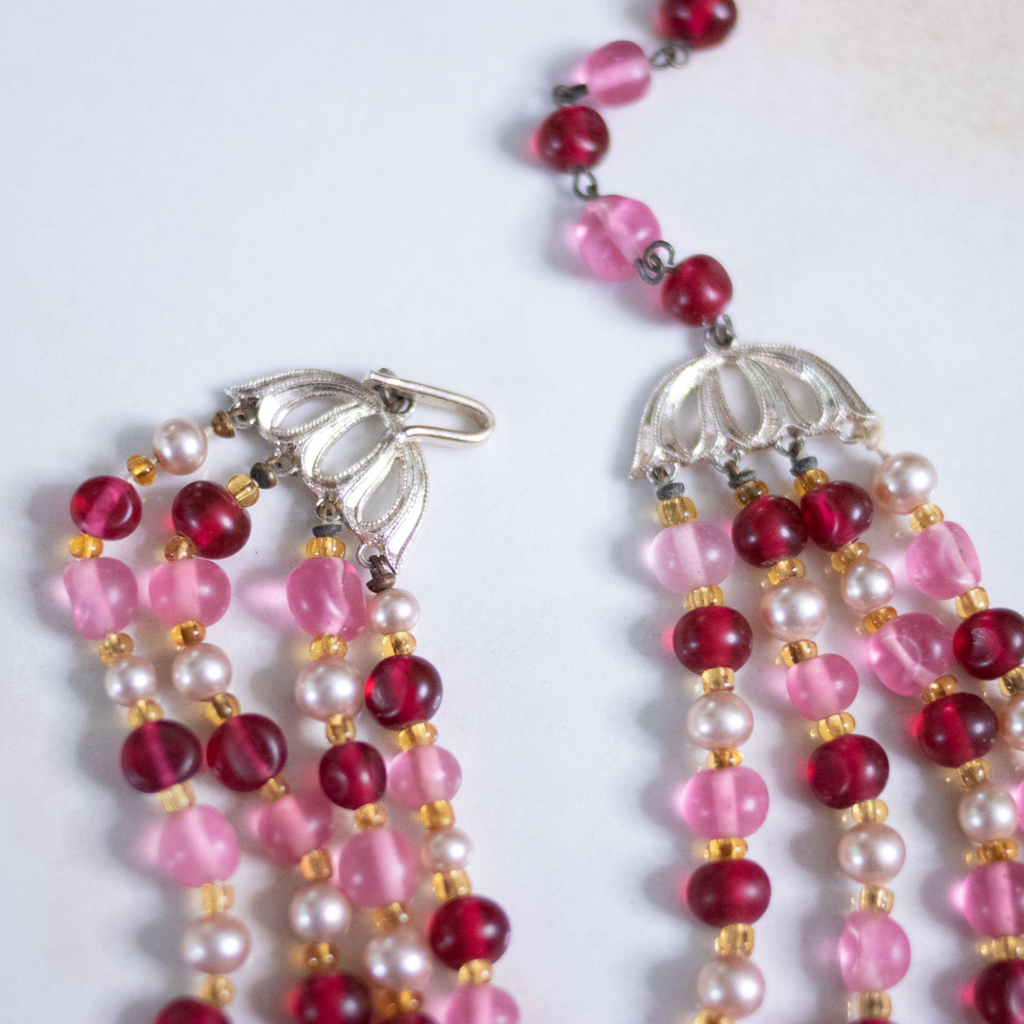 Vintage Japan Pink, Red, Faux Pearl Multi Strand Statement Necklace by Japan - Vintage Meet Modern Vintage Jewelry - Chicago, Illinois - #oldhollywoodglamour #vintagemeetmodern #designervintage #jewelrybox #antiquejewelry #vintagejewelry