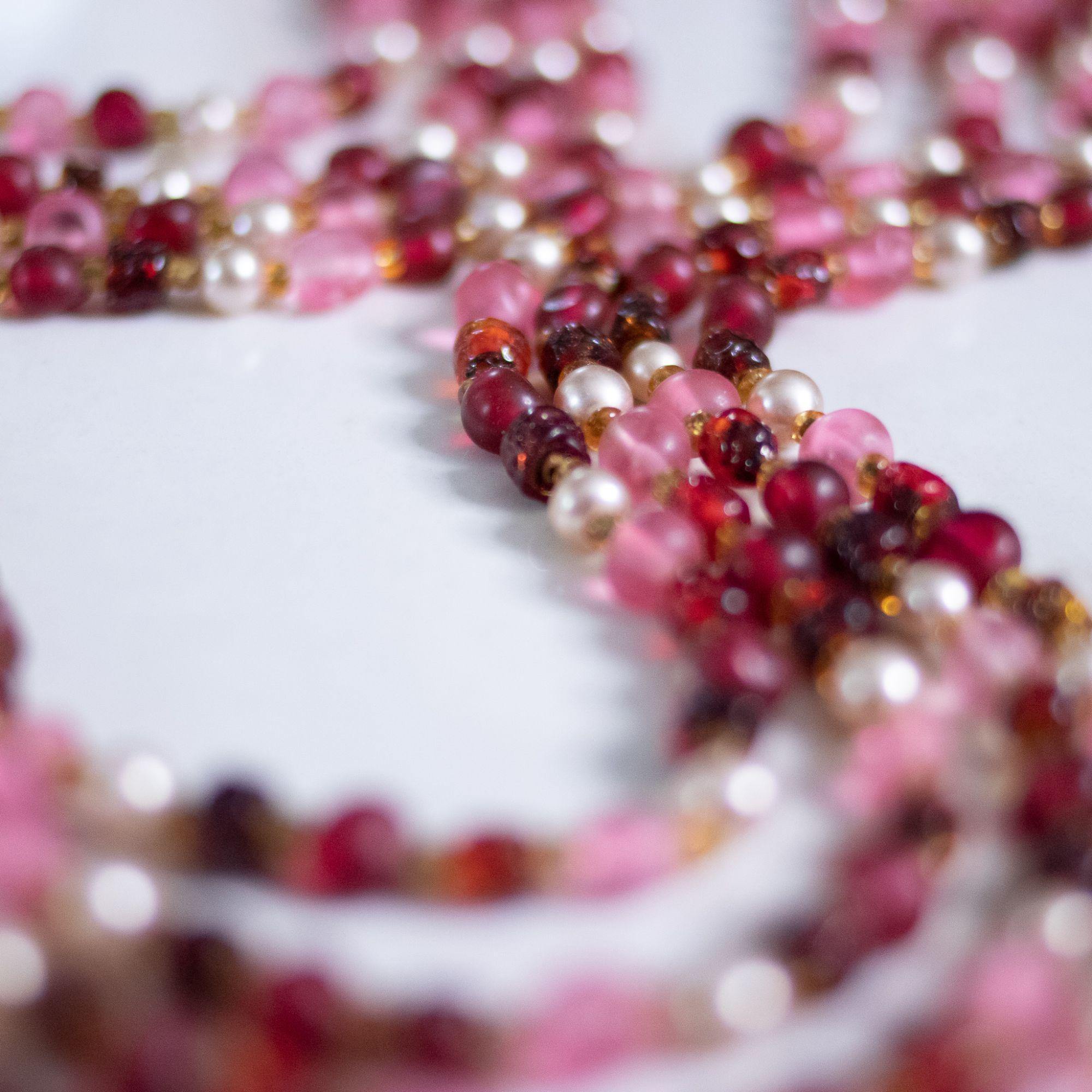 Vintage Japan Pink, Red, Faux Pearl Multi Strand Statement Necklace by Japan - Vintage Meet Modern Vintage Jewelry - Chicago, Illinois - #oldhollywoodglamour #vintagemeetmodern #designervintage #jewelrybox #antiquejewelry #vintagejewelry