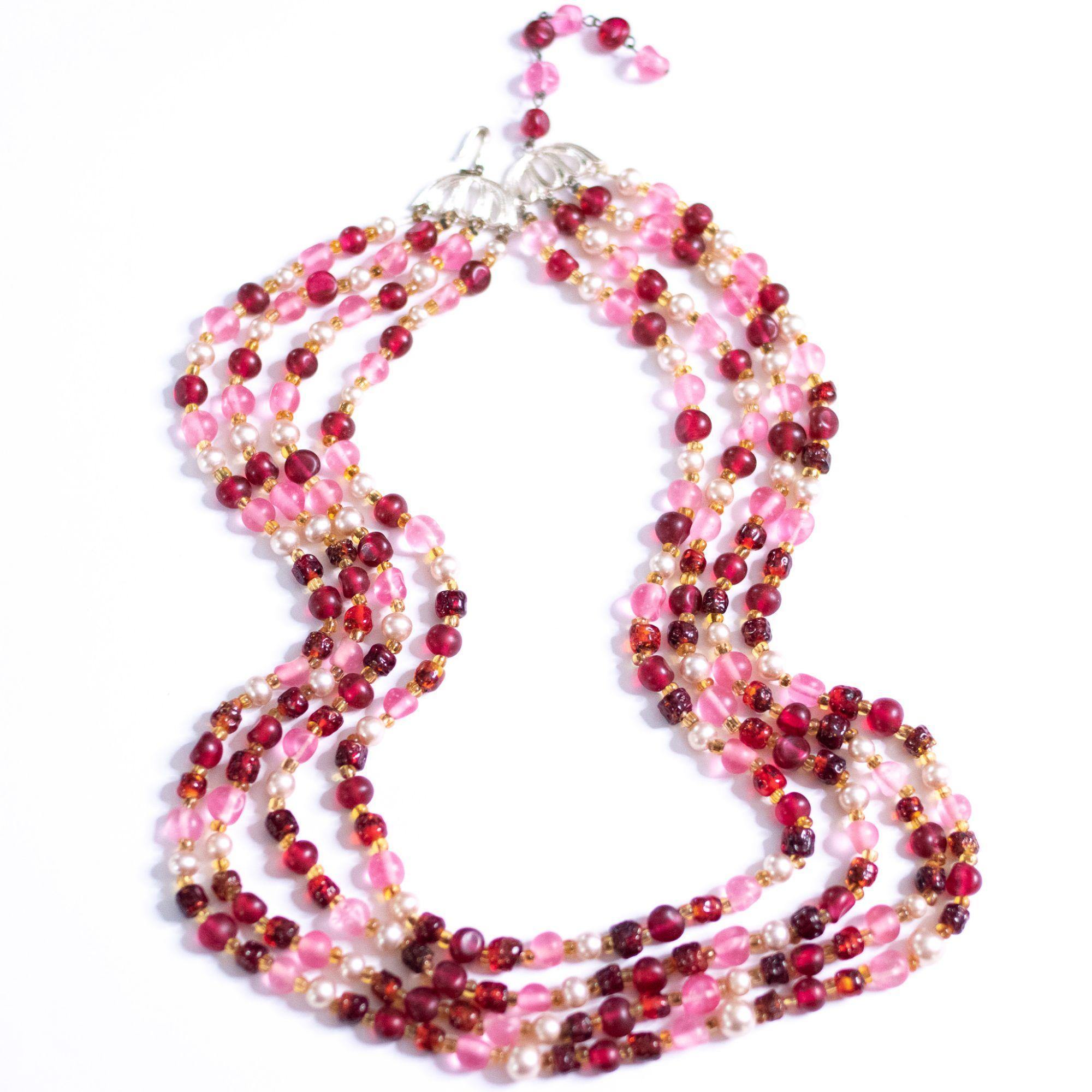 Vintage Japan Pink, Red, Faux Pearl Multi Strand Statement Necklace by Japan - Vintage Meet Modern Vintage Jewelry - Chicago, Illinois - #oldhollywoodglamour #vintagemeetmodern #designervintage #jewelrybox #antiquejewelry #vintagejewelry