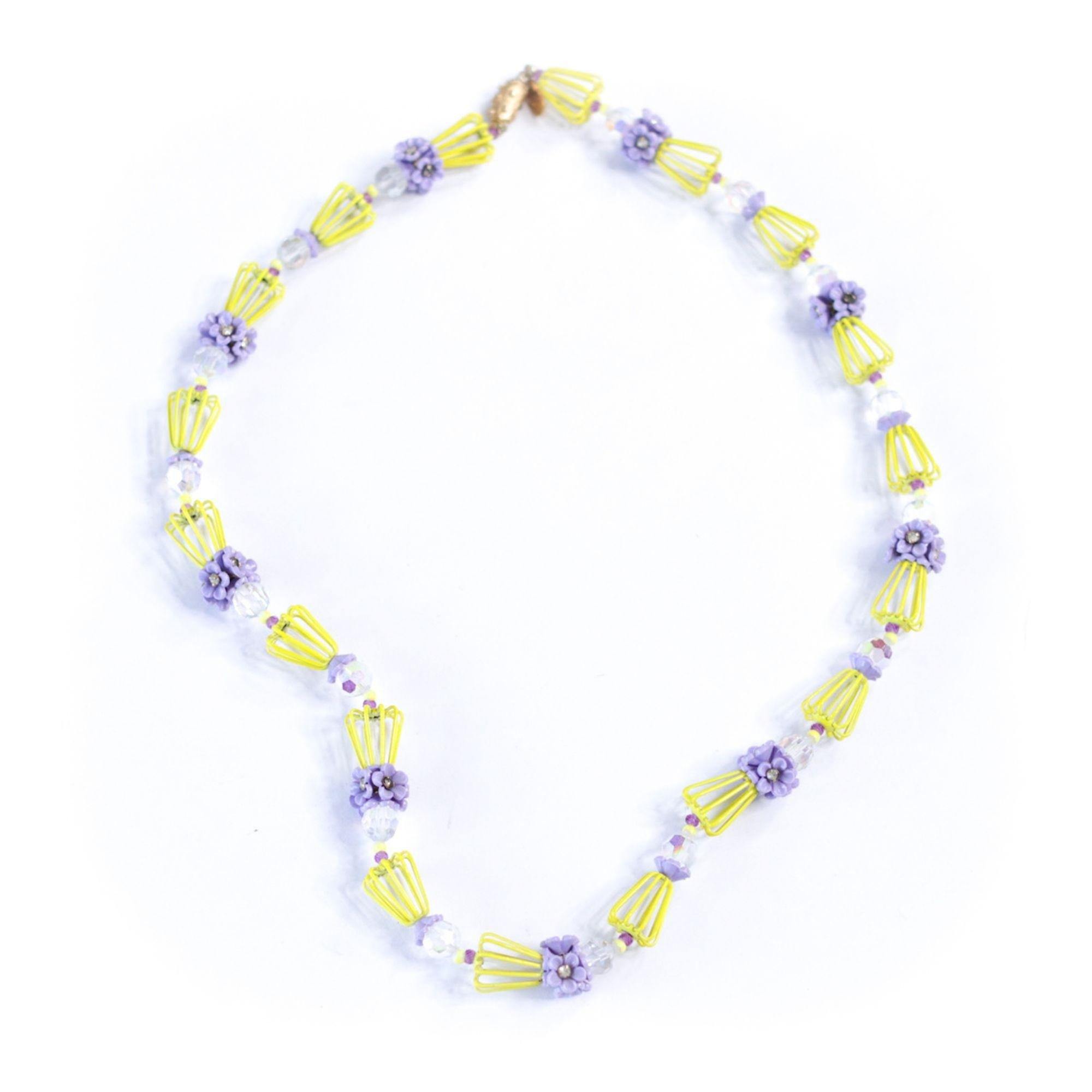 Vintage Vendome Yellow and Purple Caged Flower Necklace by Vendome - Vintage Meet Modern Vintage Jewelry - Chicago, Illinois - #oldhollywoodglamour #vintagemeetmodern #designervintage #jewelrybox #antiquejewelry #vintagejewelry