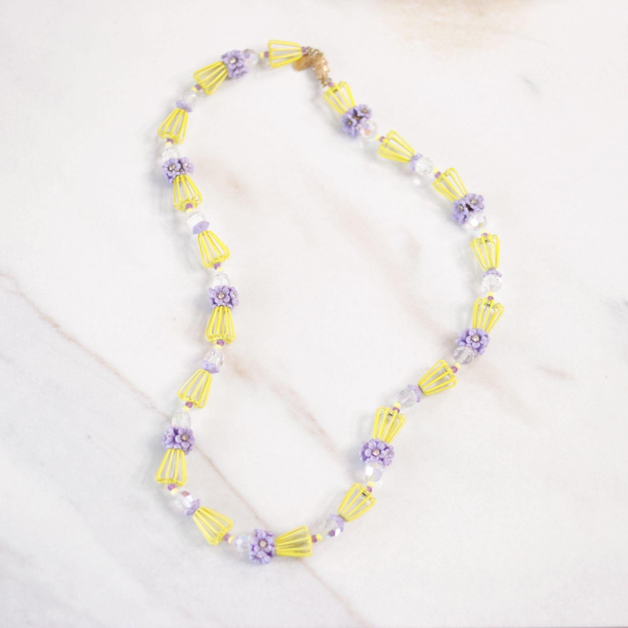 Vintage Vendome Yellow and Purple Caged Flower Necklace by Vendome - Vintage Meet Modern Vintage Jewelry - Chicago, Illinois - #oldhollywoodglamour #vintagemeetmodern #designervintage #jewelrybox #antiquejewelry #vintagejewelry