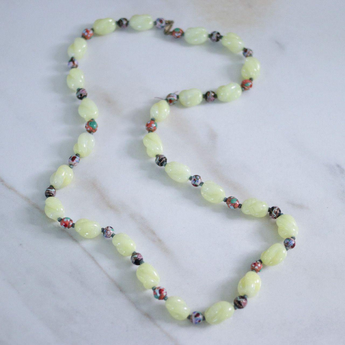 Vintage Yellow Art Glass and Venetian Wedding Cake Bead Necklace