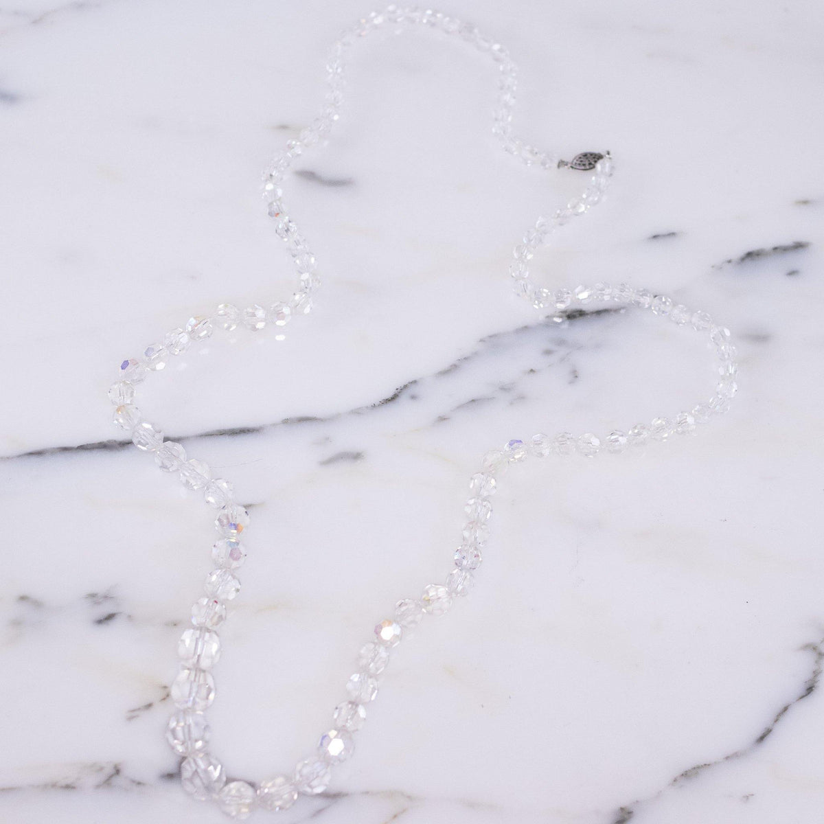 Vintage Art Deco Faceted Rock Crystal Beaded Necklace with Silver Filigree Clasp